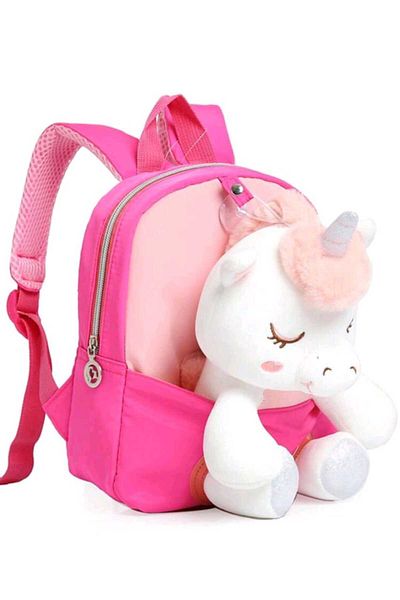 OEM Bright pink kindergarten backpack with unicorn design and doll