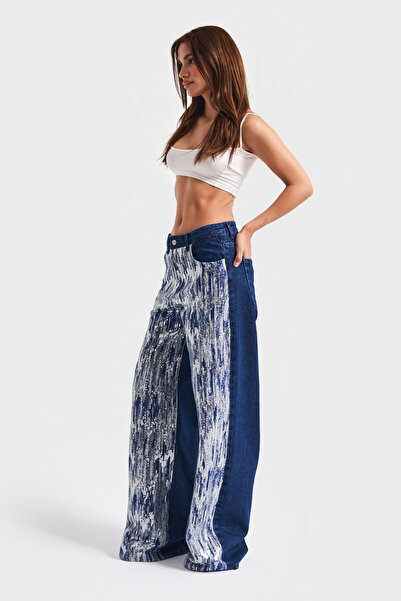 its basic Жіночий синій колір 1w5-4 Palazzo Fit з паєтками Спеціальна тканина 100% бавовна Дизайн джинсовий