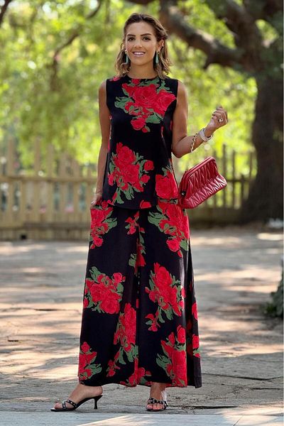 Nevin Kaya Moda Sicily Red Rose Patterned Trousers Blouse Double Set