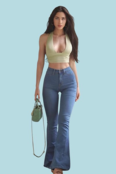 byhaziran butik Estelle Women's Medium Blue Lycra High Waist Spanish Leg Jeans