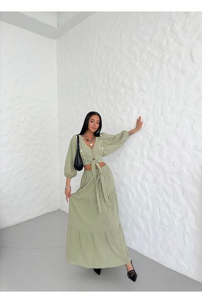 Bleu Petite Seashell Tie-Up Crop Blouse Skirt Set