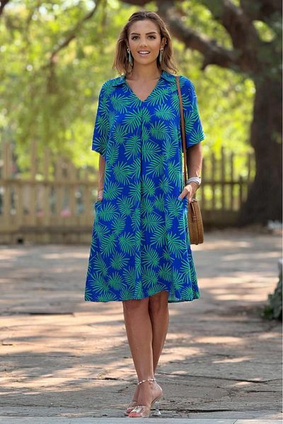 Nevin Kaya Moda Rochie din bumbac 100% viscoză cu model de pin albastru