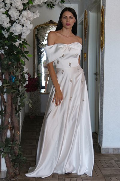 Feminist Bow Collar Stone Detailed Evening Dress White 9705541