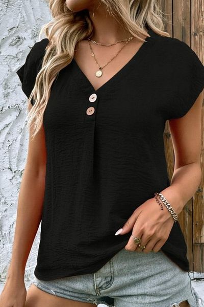 Mossta V-Neck Button Short Sleeve Linen Blouse - Black