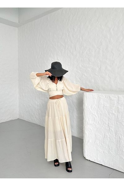 Bleu Petite Seashell Tie-Up Crop Blouse Skirt Set