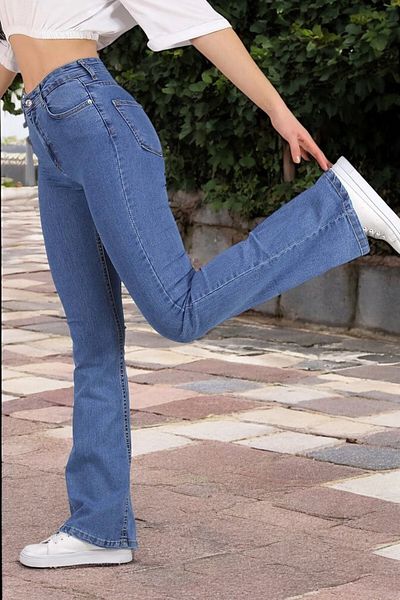 byhaziran butik Judi Women's Medium Blue High Waist Stretchy Denim Fabric Flare Jeans