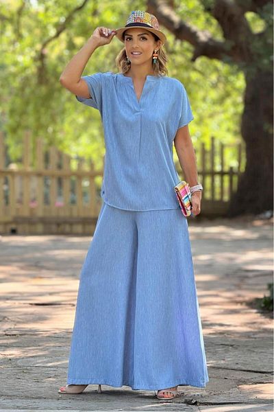 Nevin Kaya Moda Light Blue Mini Patch Palazzo Suit
