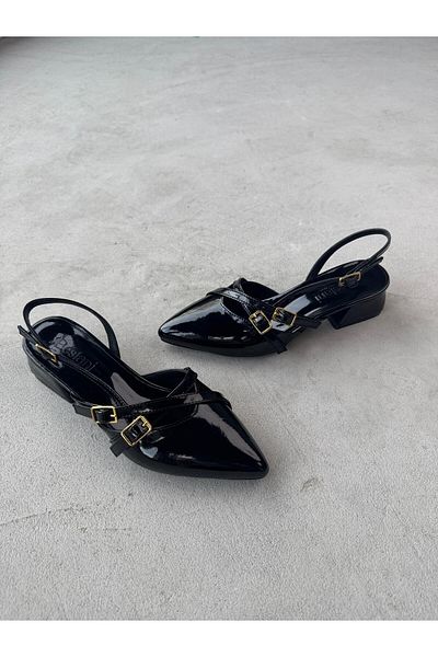 Cappmoda Ayk-027 Black Patent Leather Belt Detail Ankle Tied Short Heeled Shoes