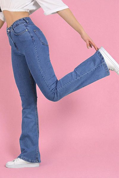 byhaziran butik Marine Medium Blue Fadeless Lycra High Waist Spanish Leg Jeans
