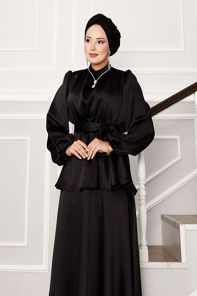 EBRUTESETTÜR Satin Skirt Suit with Gathered Waist Belt Detail