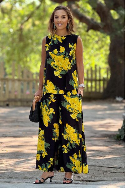 Nevin Kaya Moda Sicily Yellow Rose Patterned Trousers Blouse Double Set