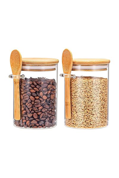 Blackstone 2‑Pack 400 ml Clear Glass Storage Canister Set with Wooden Spoon – Airtight Sealed Lid