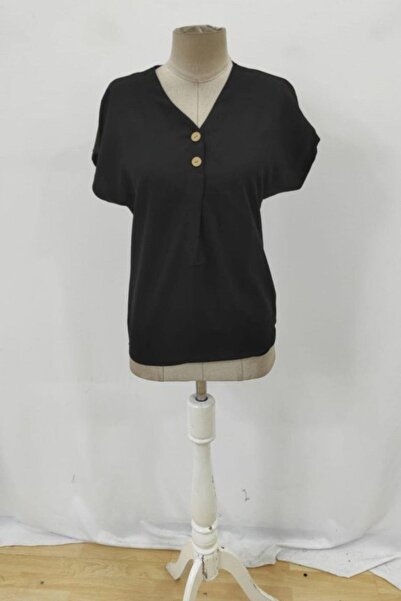Mossta V-Neck Button Short Sleeve Linen Blouse - Black