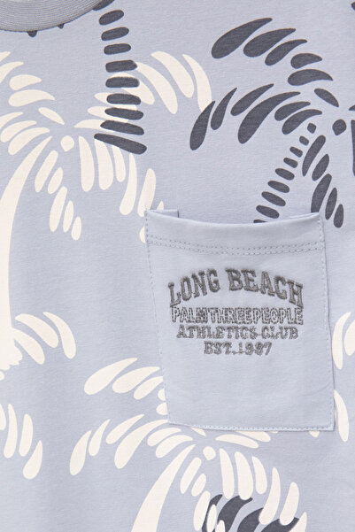 Cansın Mini Gray Palm Patterned Boys' Crew Neck T-Shirt with Written Pocket 20930