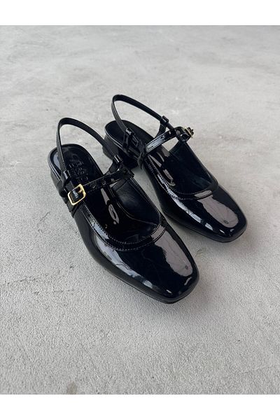 Cappmoda Ayk-022 Black Patent Leather Single Strap Blunt Toe Short Heeled Shoes