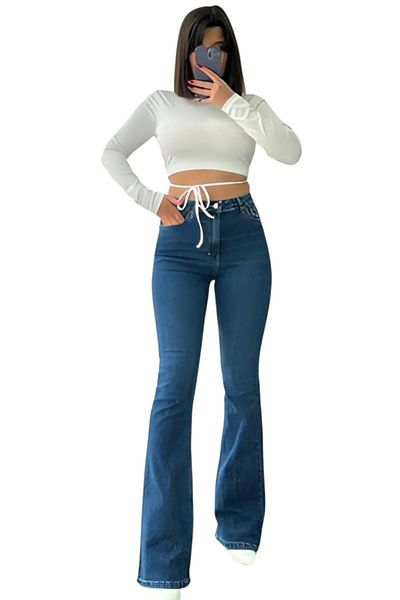 byhaziran butik Angeliqua Women's Medium Blue High Waist Stretchy Denim Fabric Flare Jeans