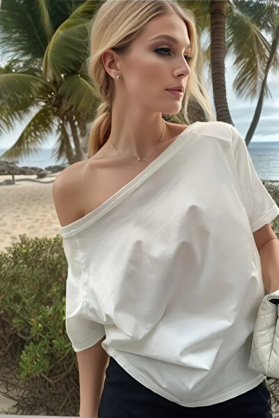 COOL TARZ White Women's Off Shoulder Boat Neck Oversize T-Shirt