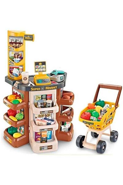 Toybox مجموعة إكسسوارات سوبر ماركت منزلية تظاهرية، 47 قطعة، مع عربة تسوق، ماكينة تسجيل المدفوعات النقدية، ماسح ضوئي، ميزان، فاكهة