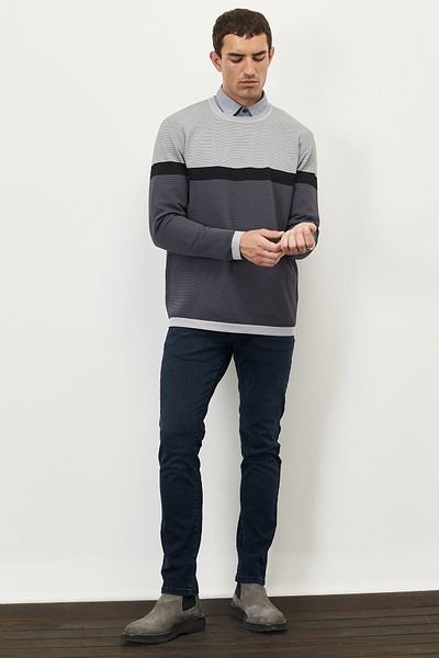 AC&Co / Altınyıldız Classics Men's Grey-black Standard Fit Regular Cut Crew Neck Honeycomb Textured Winter Knitwear Sweater