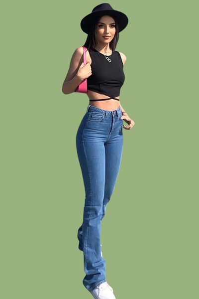 byhaziran butik Women's Medium Blue Non-Fading Lycra High Waist Denim Spanish Leg Jeans