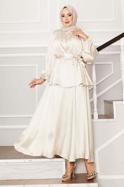 EBRUTESETTÜR Satin Skirt Suit with Gathered Waist Belt Detail