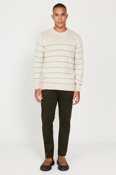 AC&Co / Altınyıldız Classics Men's Beige-Mint Standard Fit Normal Cut Crew Neck Striped Knitwear Sweater