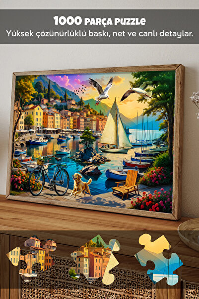 Meleni Toys 3 Adet 1000 Parça Puzzle - Aslan Kral Kedi, Sahil Kasabası ve Limanda Sakinlik Yapboz 68x48 cm