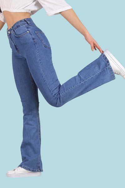 byhaziran butik Elise Medium Blue Spanish Leg High Waist Lycra Women's Jeans