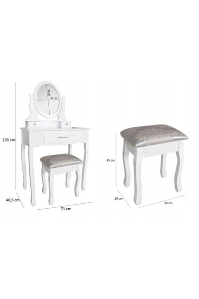 PROCART Dressing table and chair set, oval mirror, 3 drawers, vintage design, white