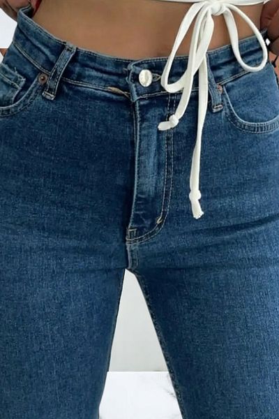 byhaziran butik Liniare Medium Blue Spanish Leg High Waist Lycra Women's Jeans