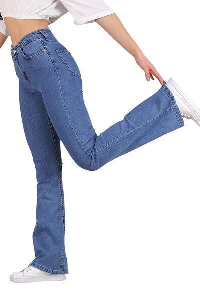 byhaziran butik Anais Medium Blue Colorfast Lycra High Waist Spanish Leg Jeans