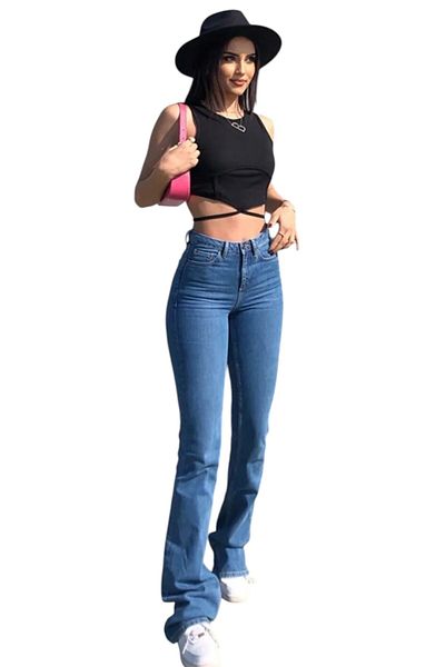 byhaziran butik Audrey Medium Blue Non-Fading Lycra High Waist Denim Spanish Leg Jeans