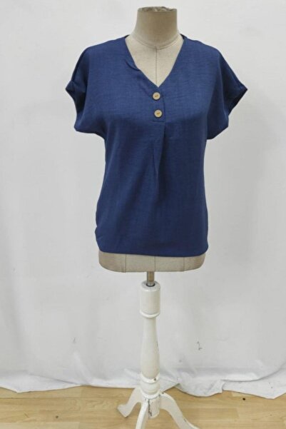 Mossta Bluză de in cu mâneci scurte și nasturi cu decolteu în V - Albastru