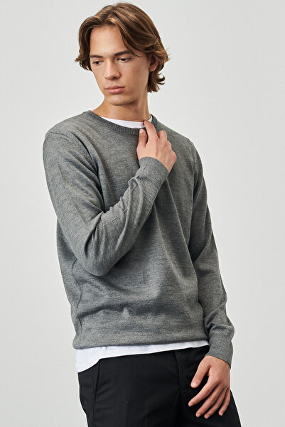 AC&Co / Altınyıldız Classics Men's Gray Melange Standard Fit Regular Cut Crew Neck Woolen Comfortable Knitwear Sweater