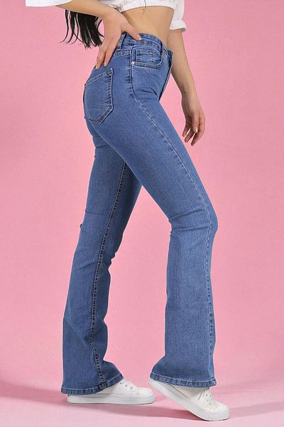 byhaziran butik Marine Medium Blue Fadeless Lycra High Waist Spanish Leg Jeans