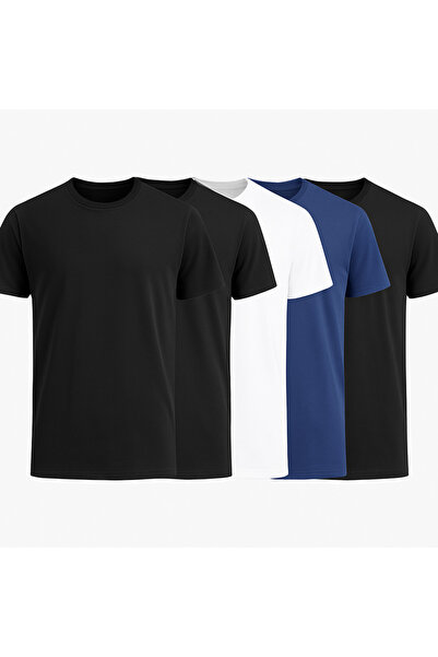 Erkek 5’li Basic T-Shirt Seti – Kısa Kollu Düz Renk %100 Pamuk Suprem 3 Siyah 1 Beyaz 1 İndigo