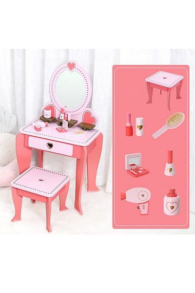 PROCART Dressing table set for girls, 92x34x49 cm, chair and mirror, hair and makeup accessories, pink wood