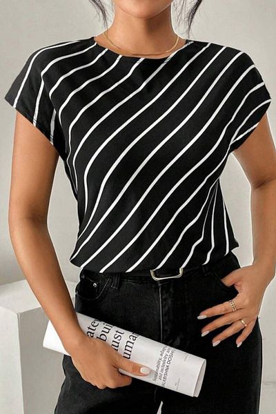 Mossta Crew Neck Striped Atlas Blouse - Black