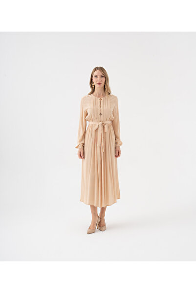 SERPİL Büzgü Detaylı Kuşaklı Düğmeli Uzun Elbise