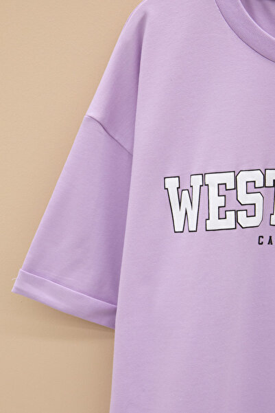 Cansın Mini Lilac West Coast γραπτό κοντομάνικο μπλουζάκι για κορίτσια με λαιμόκοψη 20963