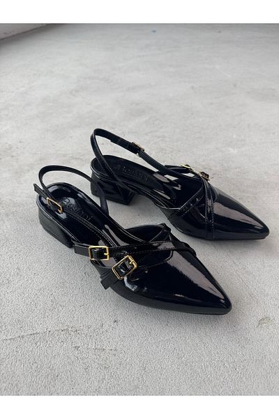 Cappmoda Ayk-027 Black Patent Leather Belt Detail Ankle Tied Short Heeled Shoes