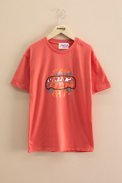 Cansın Mini Πορτοκαλί αυτοκίνητο με στάμπα Crew Neck Boy κοντομάνικο μπλουζάκι 20921