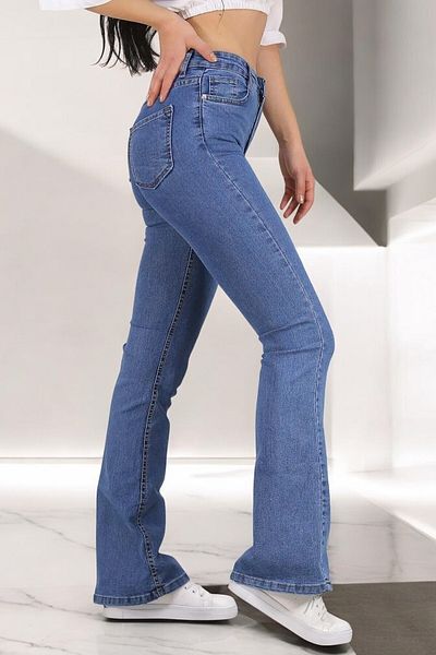 byhaziran butik Ines Medium Blue Non-Fading Lycra High Waist Denim Spanish Leg Jeans