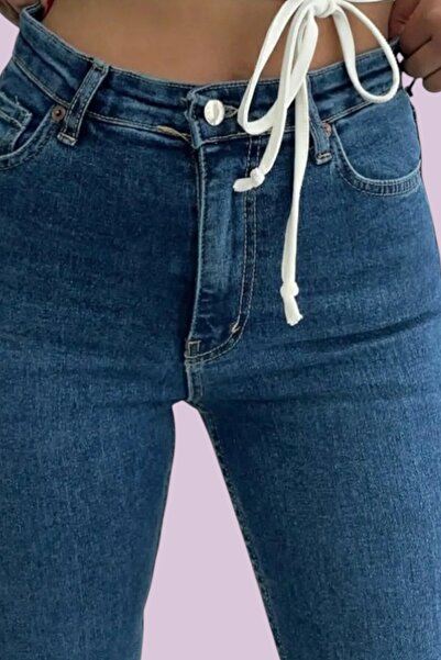 byhaziran butik Gabriel Γυναικείο Μεσαίο Μπλε Ψηλόμεσο Εύκαμπτο Τζιν Ύφασμα Flare Jeans