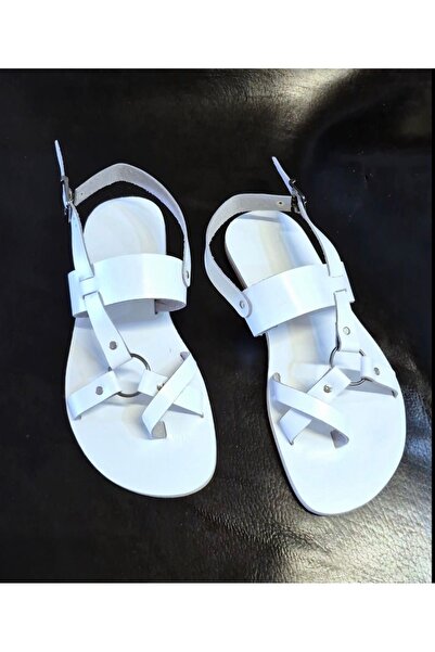 Bostini Genuine Leather Leather Flip Flops White Color Men's Bodrum Sandals