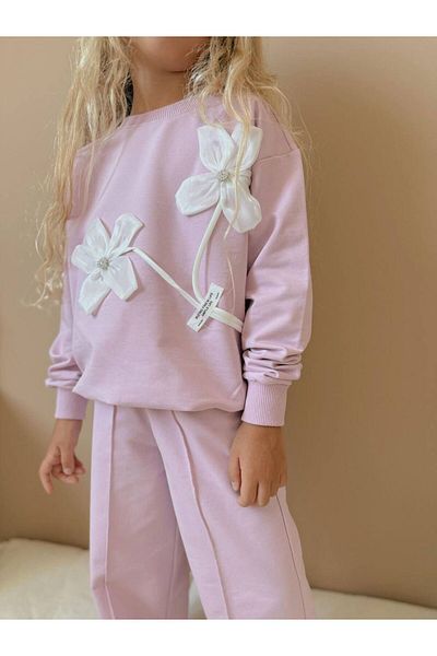 YİGİT BUTİK Yigit Boutique Flower Applique Embroidered Long Sleeve Girls Bottom Top Set