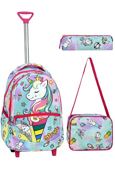 Çanta Trend Set școlar din 3 piese cu racletă, geantă pentru școală primară cu model unicorn + cutie de prânz + suport pentru stilou