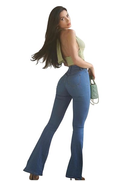 byhaziran butik Astrid Medium Blue High Waist Stretch Flare Jeans