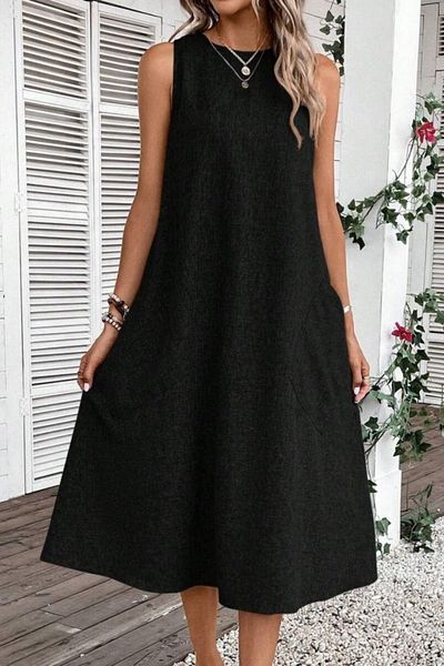 Mossta Sleeveless Round Neck Midi Linen Dress - Black