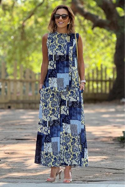 Nevin Kaya Moda Sicily Blue Amber Patterned Trousers Blouse Double Set